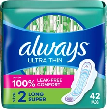 Always Ultra Thin Pads with Wings, Size 2, Long Super, 42 Count