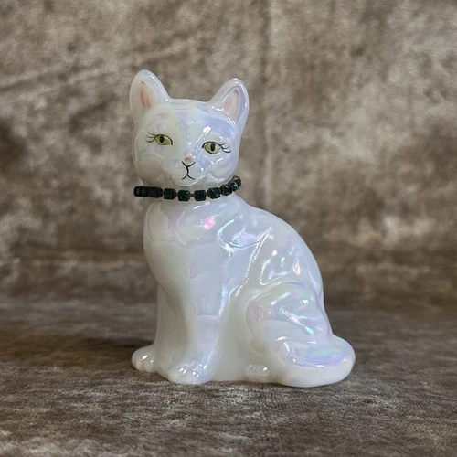 Vintage Fenton Glass Opalescent Iridescent Cat Figurine Hand Painted Signed
