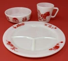 Vintage Pyrex Childs Kids Circus Set, Plate, Bowl, Cup Red White Glass