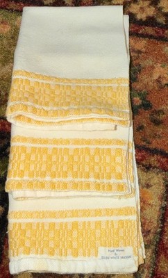 Antique PURE LINEN Lot Of 3 TeaTowels Hand Woven Yellow Trim Ellen White Mason
