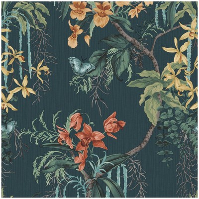Suki Trail Vinyl Orchidee Tapete dunkelgrün/blau Paste the Paper 10,05m x 53cm