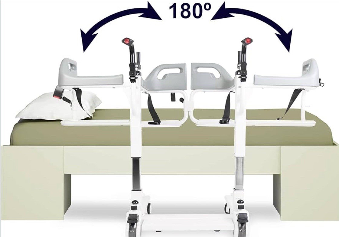 Patient Lift Transfer Chair Bathroom Wheelchair w/ 180° Split Seat and Commode