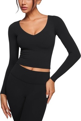 Womens V-Neck Long Sleeve Workout Crop Tops Slim Fit Padded Small, Black 