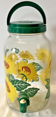 Vintage SunTea 1 Gallon Sunflower Print Glass Lemonade & Tea Dispenser W/Green