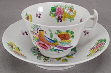 British Hand Colored Bird Floral Cornucopia Tea Cup Saucer C.1820-1840s
