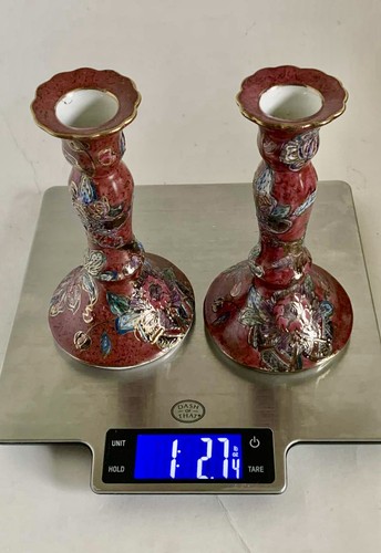2 PORTACANDELE VINTAGE MARRONE floreale ceramica asiatica molto buoni bellissimi - Foto 12 di 18