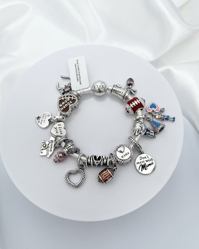 Linx Silver Snake Chain Bracelet with Football And Cheer Mom Themed Charms - Picture 2 of 6