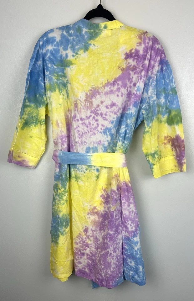 NUEVO CON ETIQUETAS Bata corta de algodón La Cera Tie Dye talla mediana amarilla púrpura bolsillos NUEVO Foto 4 de 4