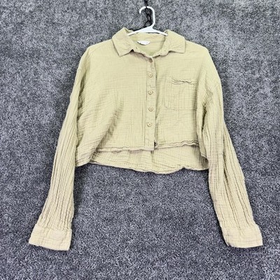 Aéropostale Shirt Womens Medium Beige Cropped Button Up Long Sleeve Casual City