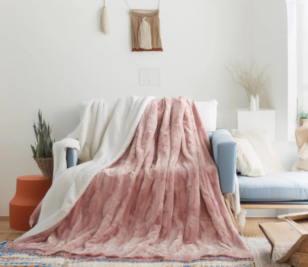 Tache Blush Super Soft Warm Faux Fur Dusty Rose Pink Sherpa Throw