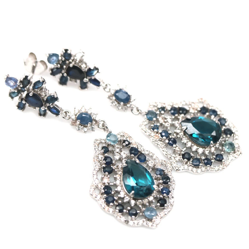 925 Sterling Silver 7 x 10 mm. London Blue Topaz, Sapphire & Zircon Earrings - Image 2 of 4