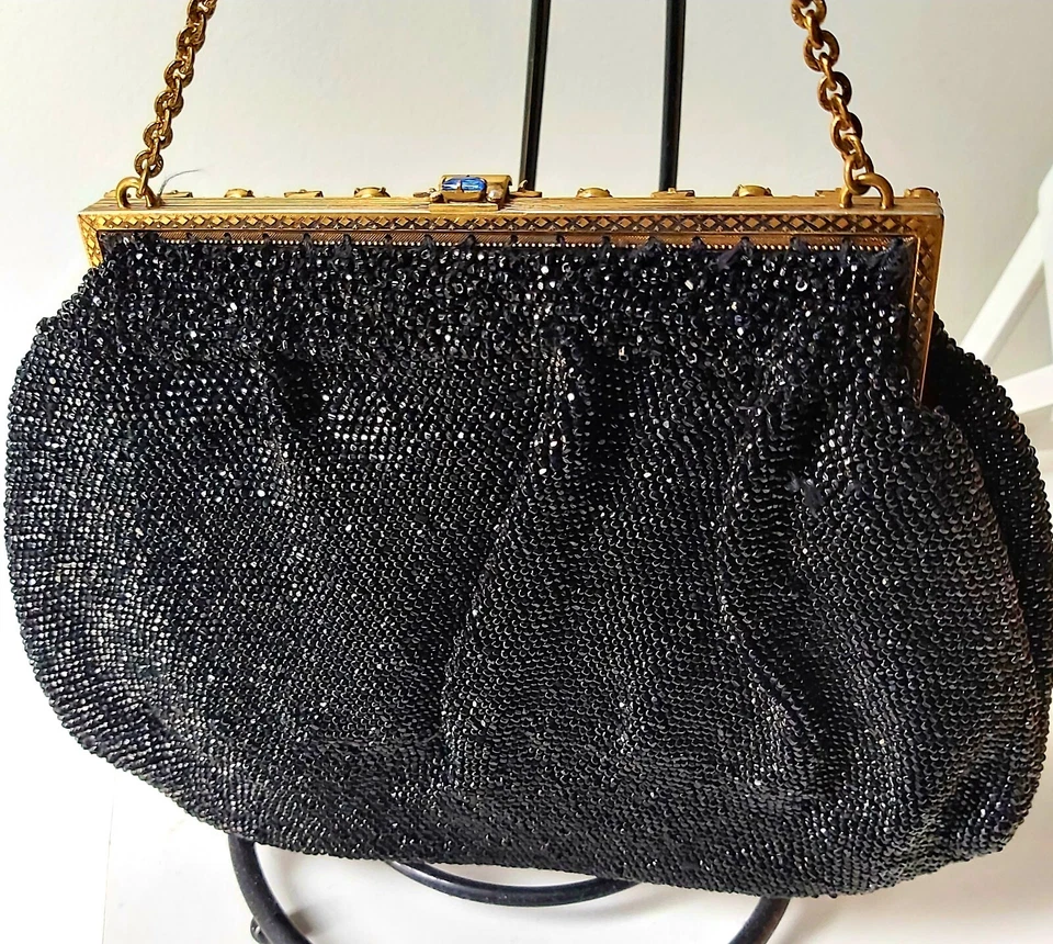 Vintage Antique Black Micro Bead And Multicolor Jewel Evening Bag Handbag Purse - Image 3 of 4