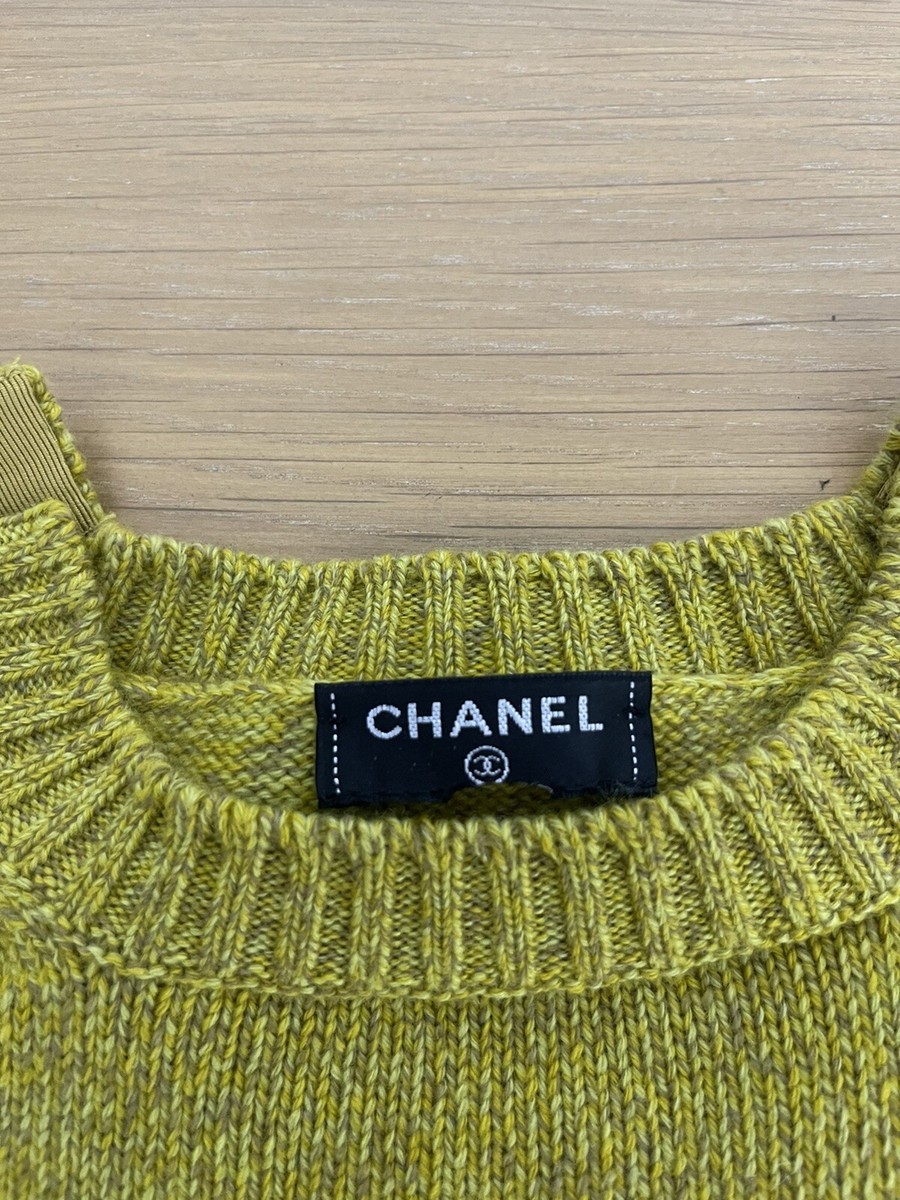 CHANELニット $2K Chanel XS 0/2 Mustard Green Yellow Pearl Tweed Sweater Knit