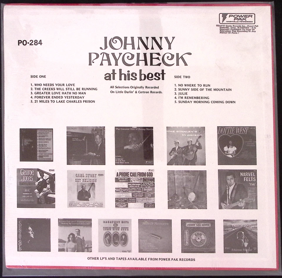 JOHNNY PAYCHECK AT HIS BEST POWER PAK RECORDS  STILL SEALED!  VINYL LP 144-20W - Image 2 of 2