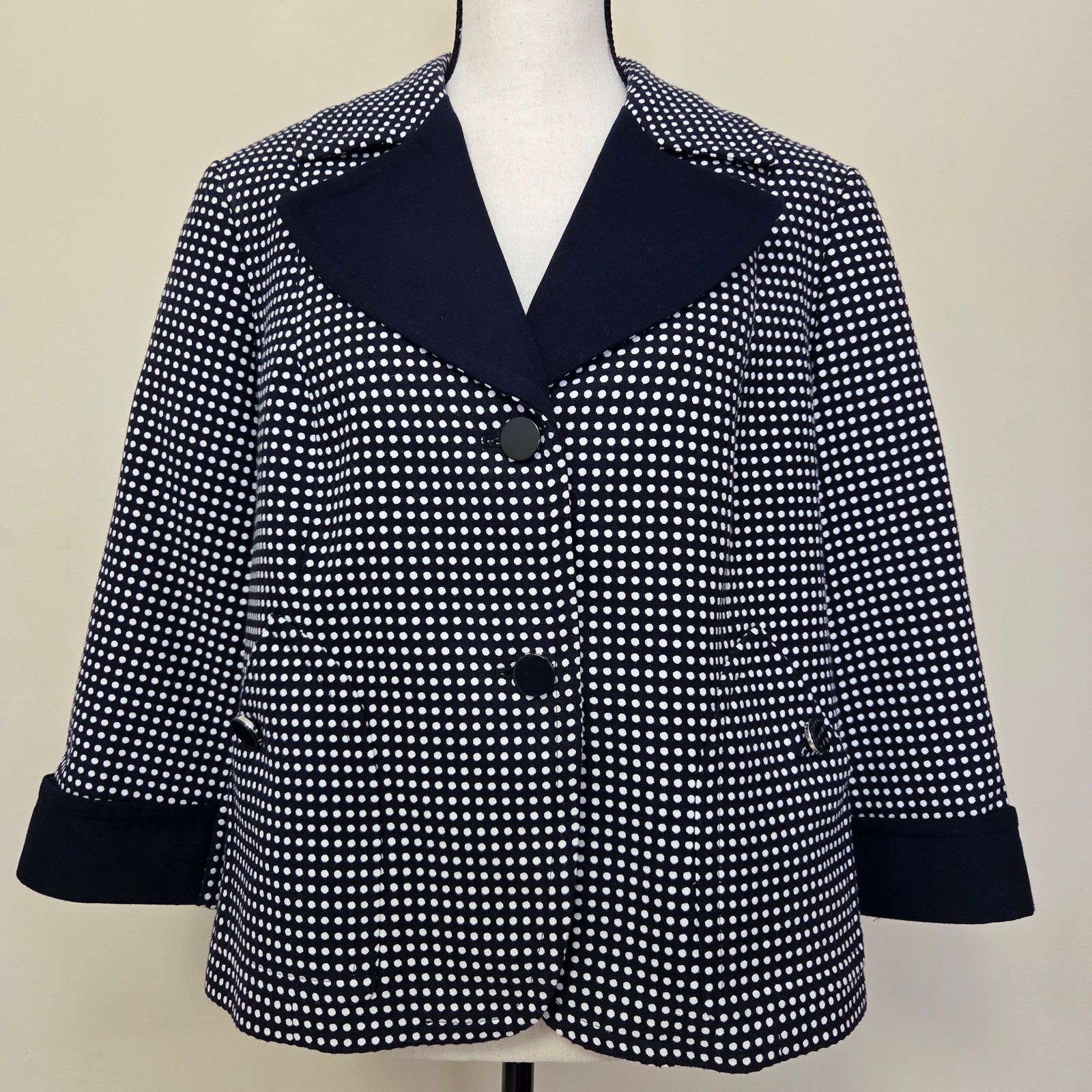 Talbots Woman Petites 14WP 3/4 Sleeve Navy White Polka Dot Blazer Jacket Lined