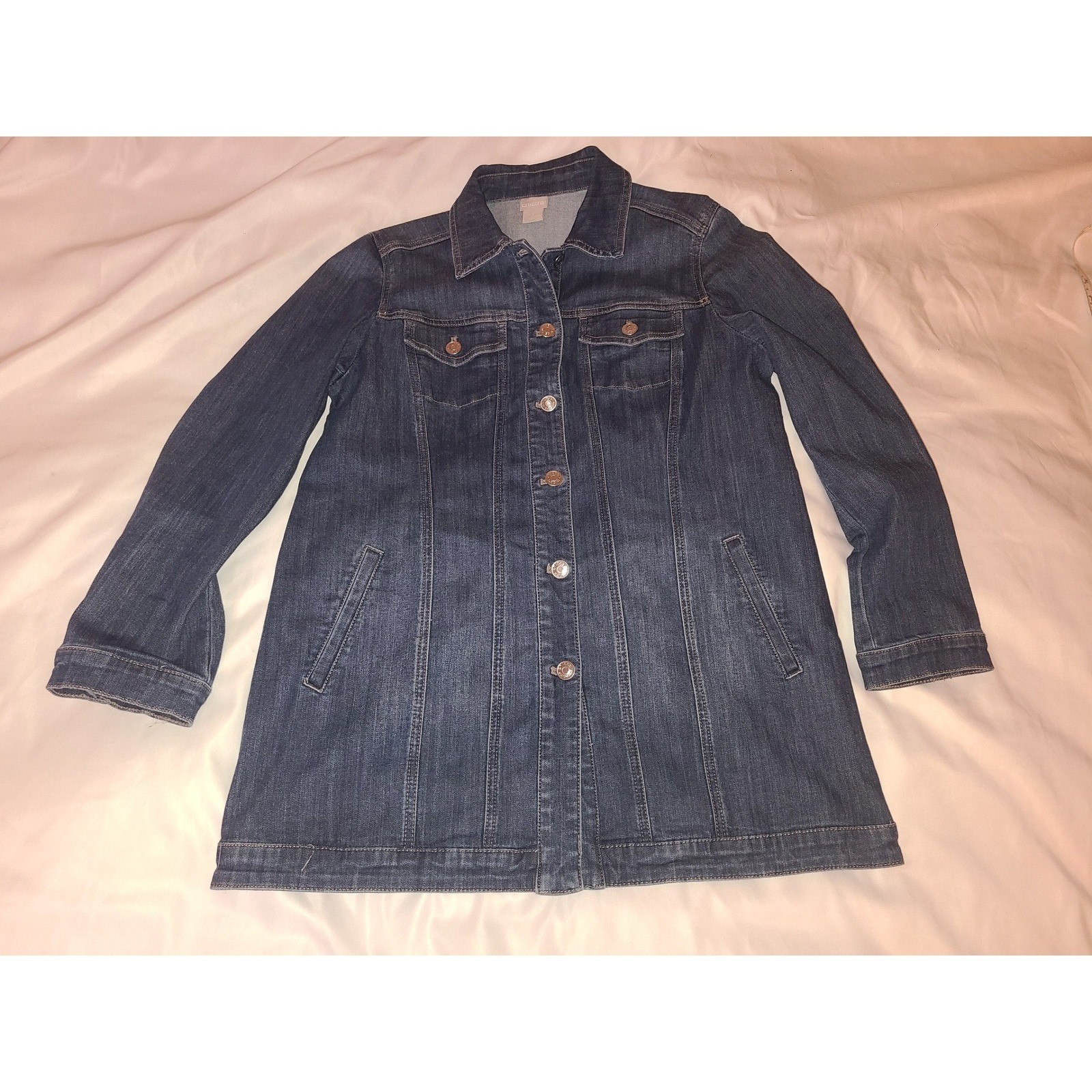 Chicos Long Denim Jacket Button Front Stretch Med… - image 1