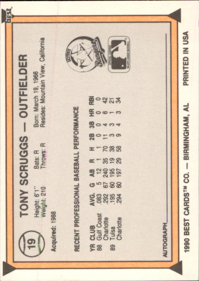 Tony Scruggs 1990 Best Minor League #19 RC Gastonia Rangers AutographDen - Image 2 of 2