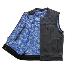 Men's Club Style Leather Motorcycle Vest Custom Biker Waistcoat Blue Paisley