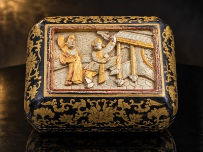 Vintage Chinese Black Gilt Lacquer Box Raised Figural Relief Red Interior