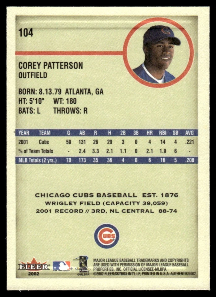 2002 Fleer Authentix Corey Patterson Chicago Cubs #104 - Image 2 of 2
