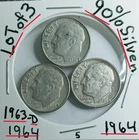Lot of 3 Roosevelt Dimes 90% Silver 1963-D-1964-1964-VG Condition Look@ & Judge