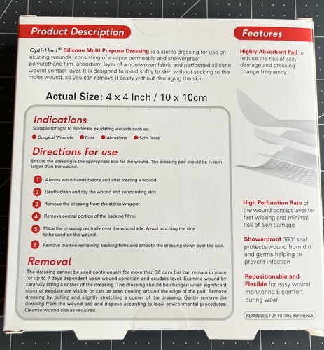 Neo G Opti-Heal Advanced Wound care Silicone Multi Purpose 4"x4" Wound Dressing - Picture 2 of 7