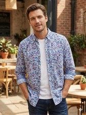 Men's Floral Button Down Shirt Blue Purple Long Sleeve Slim Fit