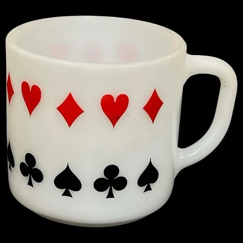 Vintage Federal Milk Glass Mug Playing Card Suits Hearts Diamonds Poker Clubs