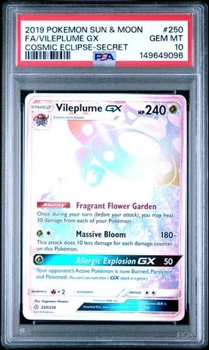 PSA 10 VILEPLUME GX 250 COSMIC ECLIPSE SECRET RARE RAINBOW SUN & MOON POKEMON