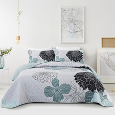 3 Pieces Floral Quilts Queen Size - Elegant Grayish Blue Reversible Bedspread Be