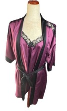 2PC Set Linea Donatella Gown  Robe Satin Small Plum Purple With Lace NWT