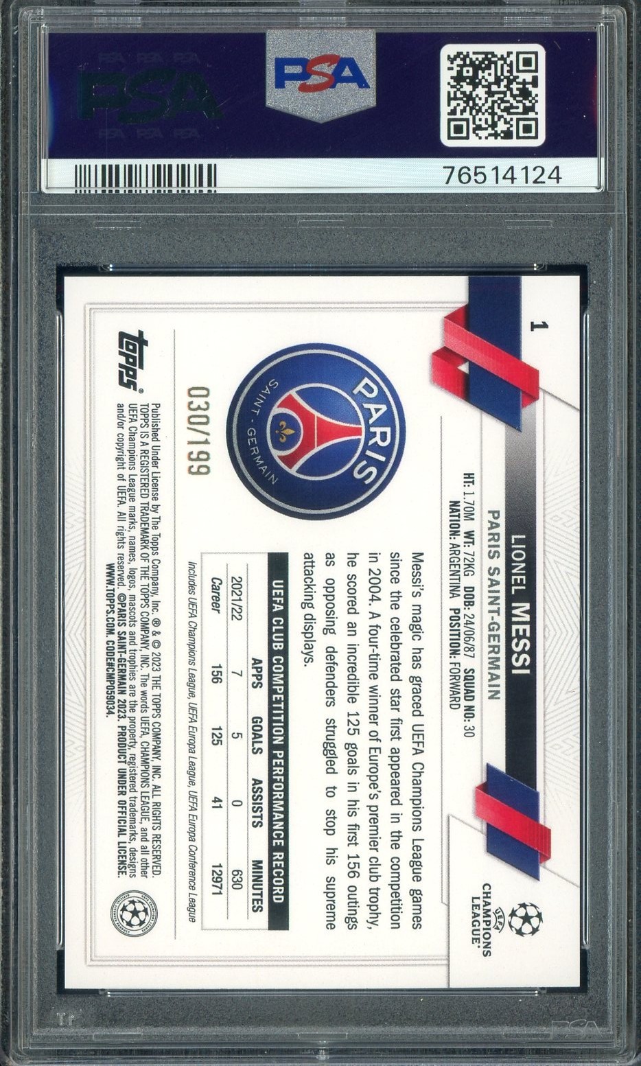 2022-23 Topps UCC Soccer Neon Green Foil #1 Lionel Messi 30/199 PSA 10 GEM MINT view 2