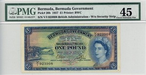 Bermuda 1 Pound Currency Banknote 1957 PMG 45 CHOICE XF
