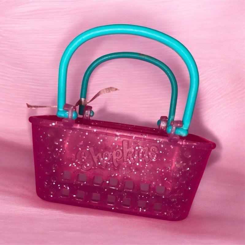 Shopkins Pink Glitter Plastic Basket w/ Teal Handles Accessory, 1 Pack