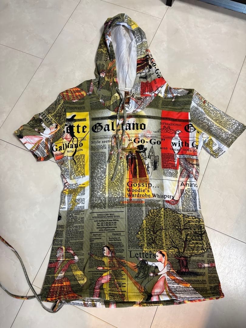 John Galliano Hooded T-Shirt Newspaper Style Graphic Print