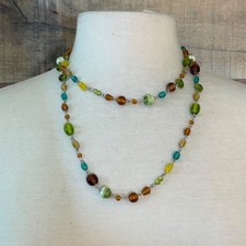 Multicolor Glass Beaded Double Strand Necklace Green Amber Teal 20 Inch