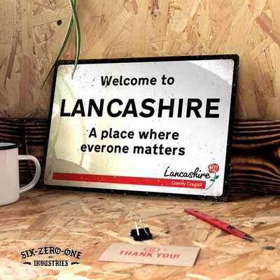 Welcome to Lancashir Blechschild - Worn Look Print. Roses Shire UK Road Cricket