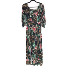 Fashion Nova Maxi Dress High Slit 3/4 Sleeve Tropical Floral Black Size M