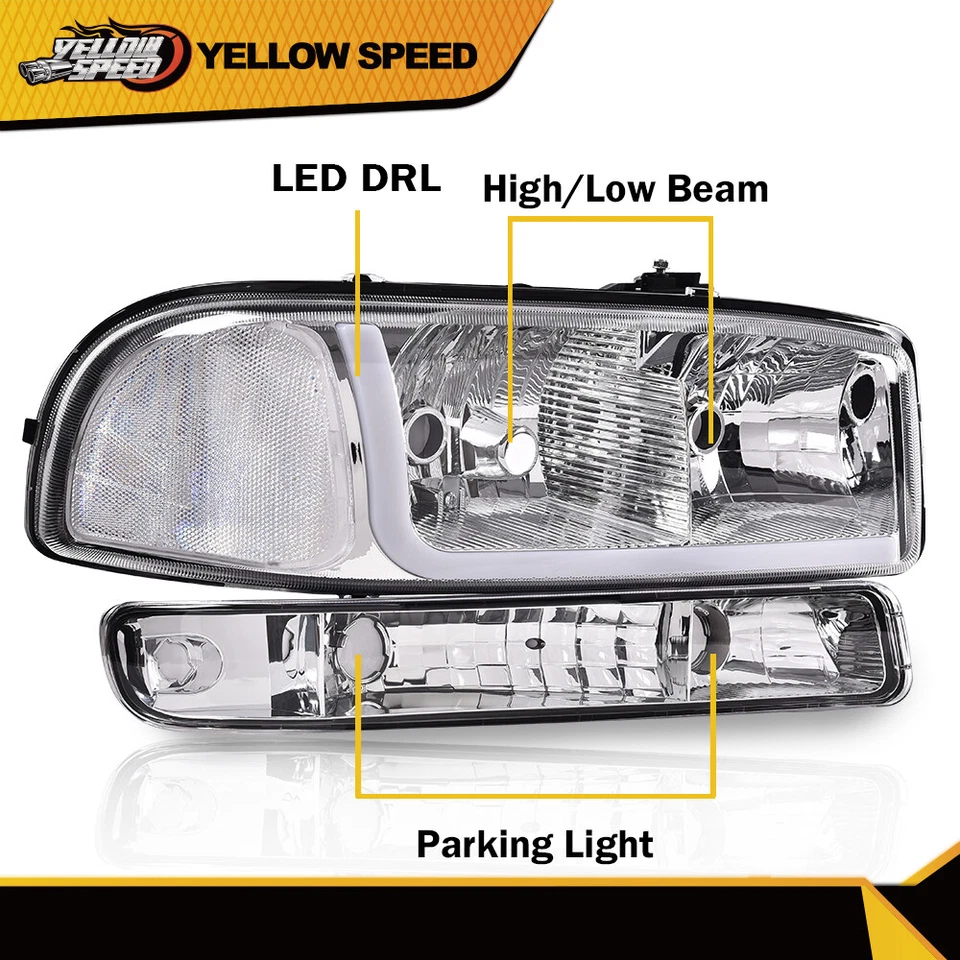 Compatível com 99-07 GMC Sierra 1500-3500 LED DRL faróis cromados/claros +lâmpadas de para-choque - Imagem 3 de 4