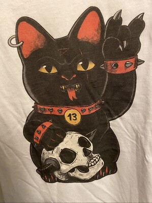 Unisex Medium Bad Luck Kitty Cat Shirt White Black 3/4 Sleeve