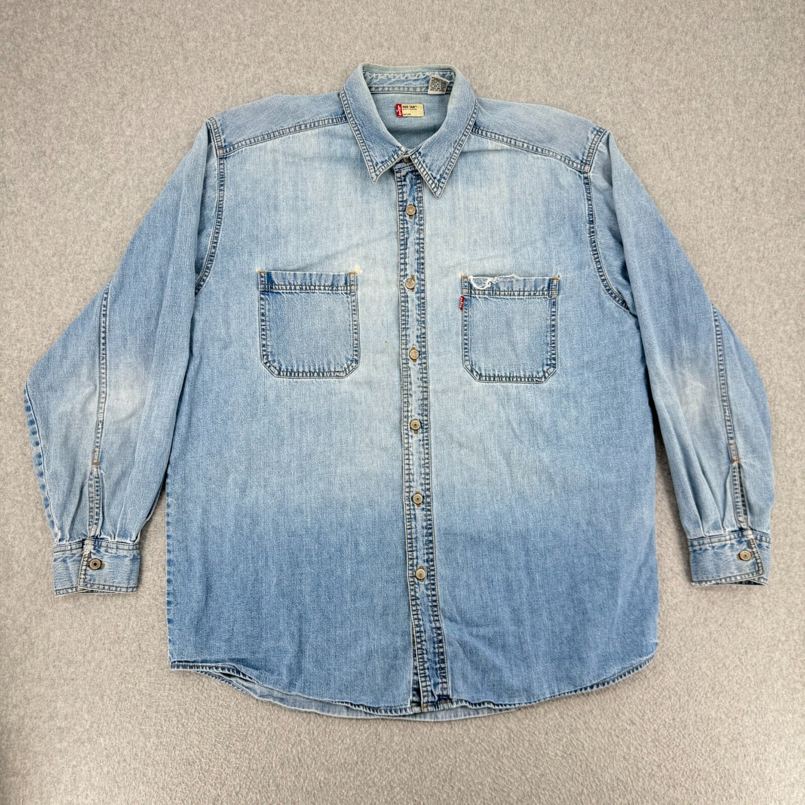 Levis Red Tab Shirt Men's L Blue Denim Metal L/S Button Down 90s Distressed VTG