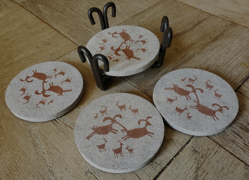 Stone Coasters With Metal Holder, Cork Back Set Of 4 - Heavy - EXCELLENT - M/Bac - Picture 2 of 3