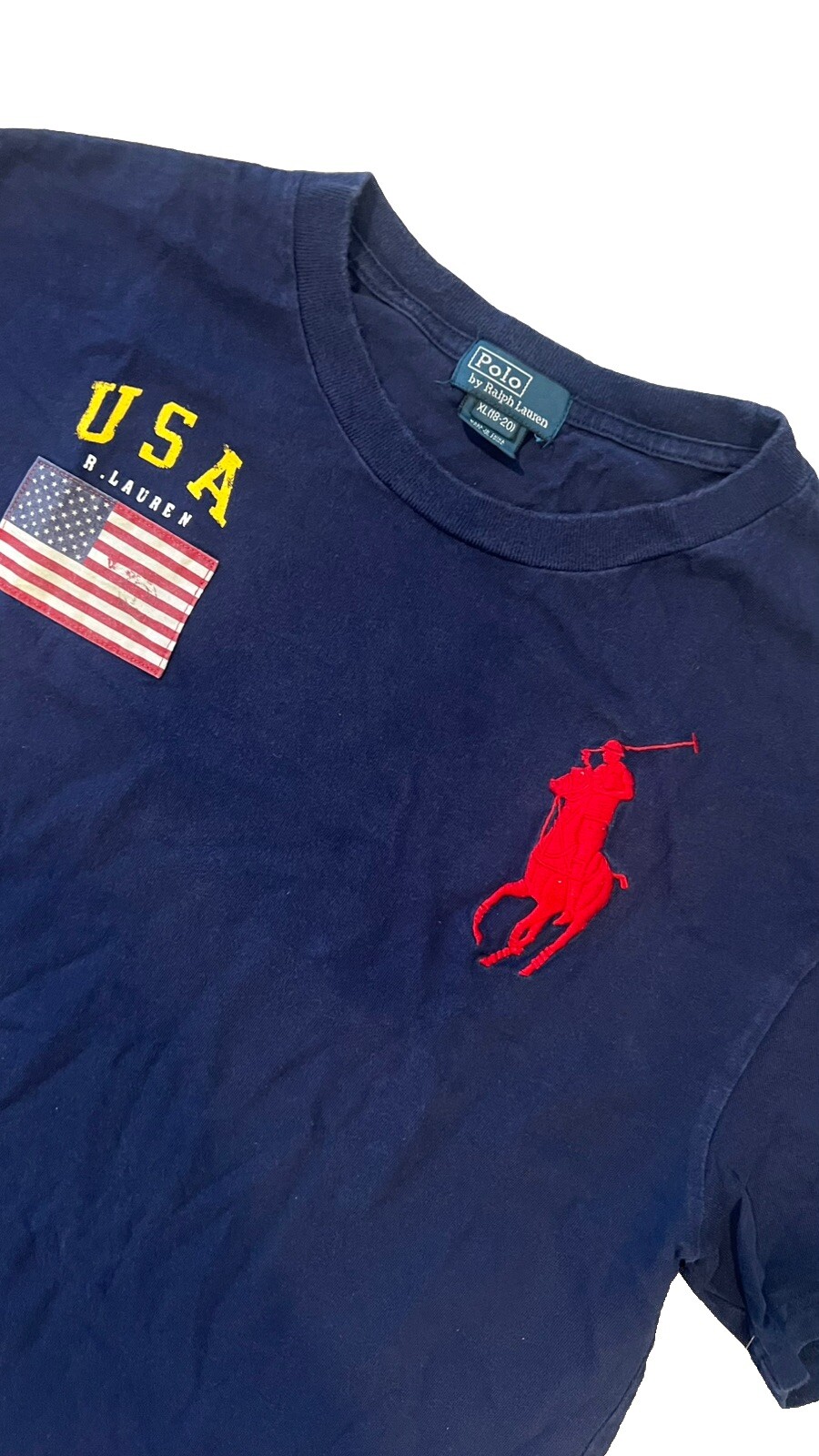 T shirt vintage Polo Ralph Lauren bandiera USA uomo taglia media blu navy big pony