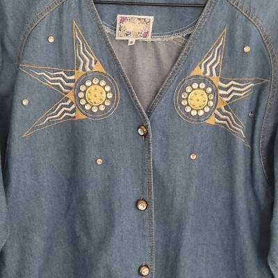 Vtg Monique Fashions Denim Button Up Tunic Jacket Womens 6 Jeweled Embellished