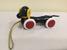 BRIO WOOD PULL ALONG MINI BLACK DACHSHUND, 5 IN., CORD TAIL, 12MO.  SWEDEN