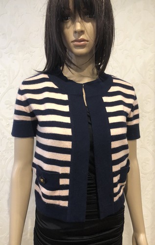 CHANEL 1997 Blue Pink Stripped Cashmere Open Vest CC Buttons Sz. S (38) - Picture 2 of 11