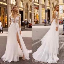 Beach Wedding Dresses V Neck Long Sleeves Lace Bridal Gown High Split Ruffle
