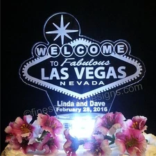 Las Vegas Sign LED Lighted Wedding Cake Topper Acrylic Poker Chip Personalized