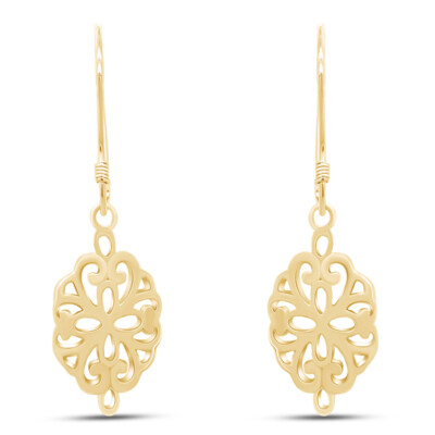 Filigree Fish Hook Dangle Earrings 14k Yellow Gold Plated Sterling