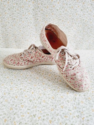 HOTTER MABEL CREMEFARBEN UND ROSA GEBLÜMT LEINEN FLACHE SCHNÜRSCHUHE GRÖßE UK 5